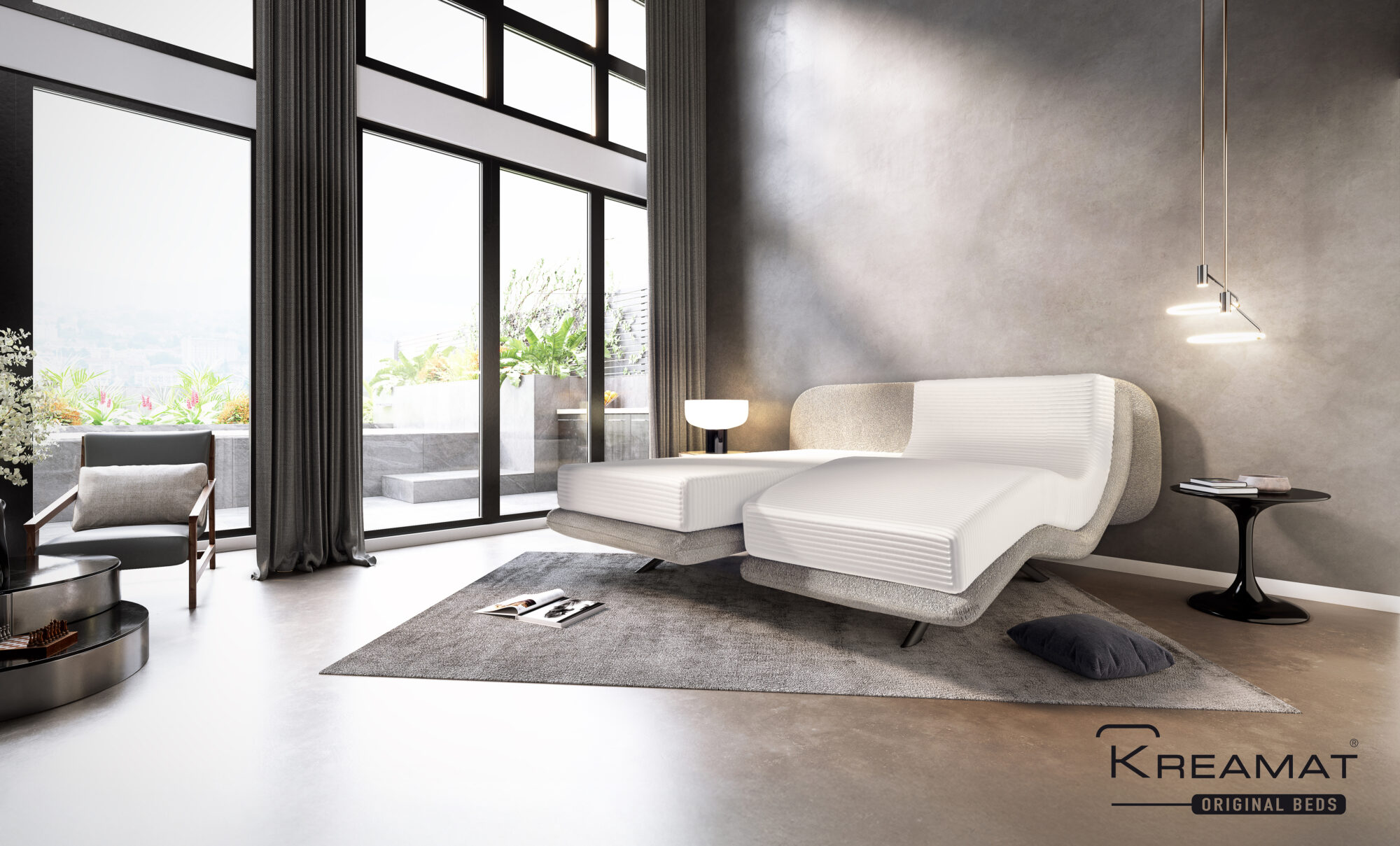 De Molto boxspring van Kreamat heeft lineaire motoren en is in heel veel verstellingen mogelijk.